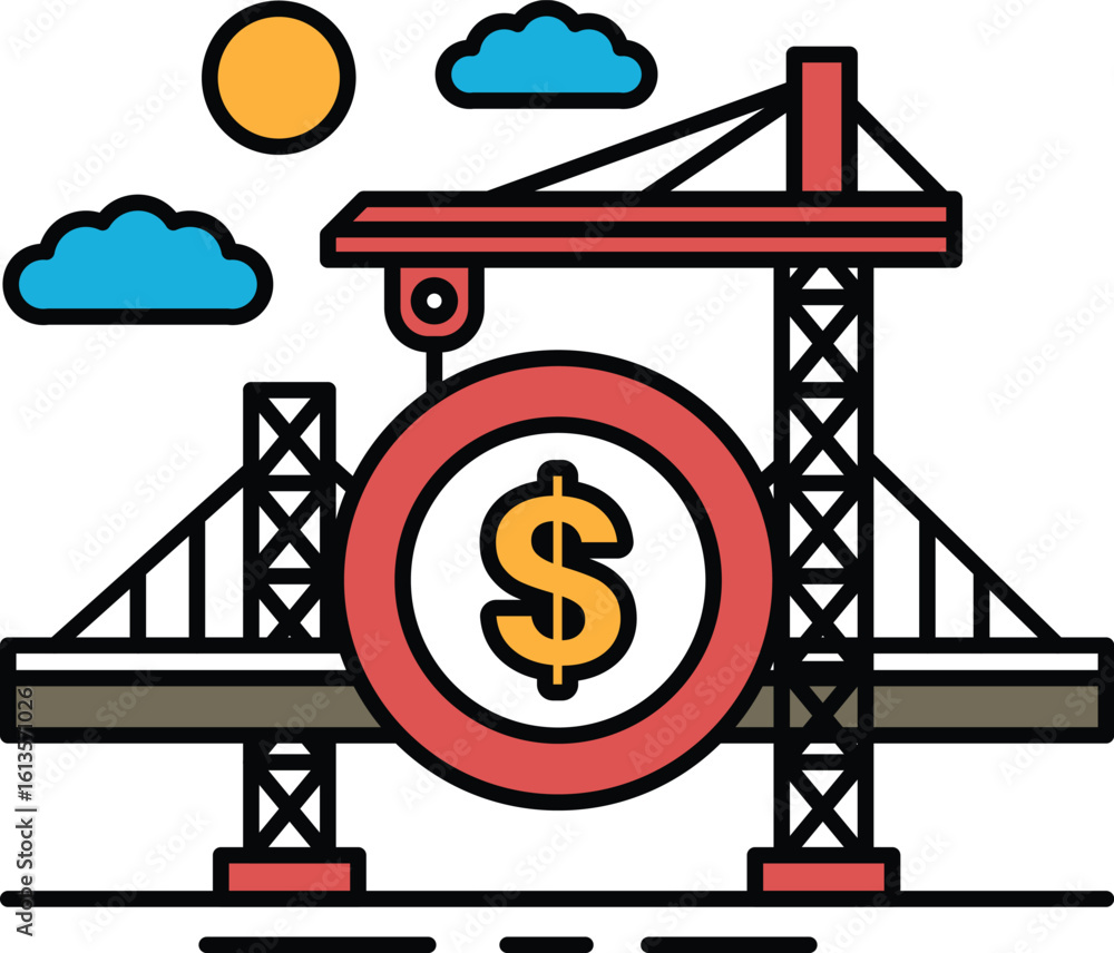 Poster a bridge with a large red circle with a dollar sign in the middle