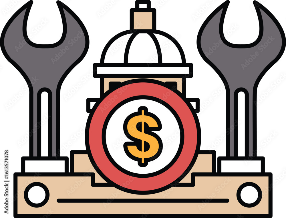 Poster a red circle with a dollar sign in the middle and two wrenches on either side