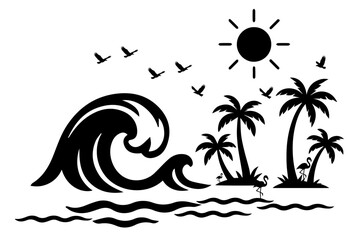 beach, palm trees, birds, sunset  and sea silhouette