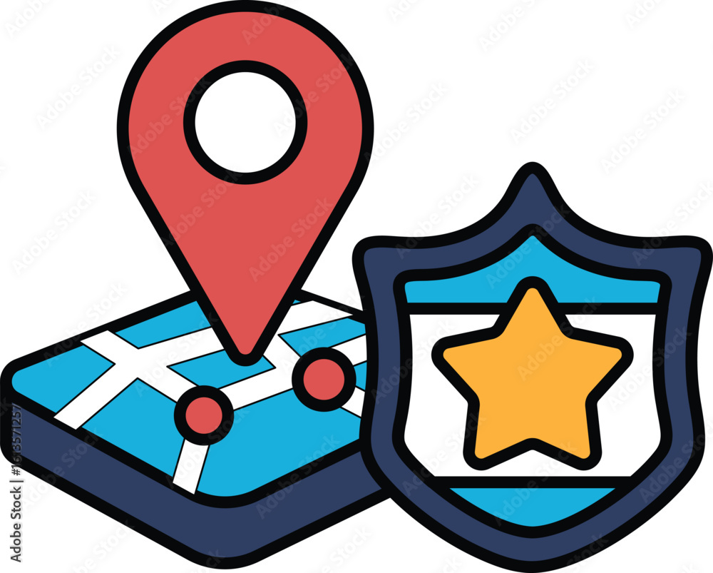 Poster a map with a red pin on it and a star next to a shield