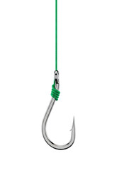 A single, sharp, shiny silver metal fishing hook with vivid emerald green line tied through its eyelet, isolated on a seamless transparent background, ultra-realistic UHD product shot, commercial