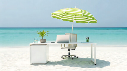 Modern office desk and chair set up on a tropical beach under a striped umbrella