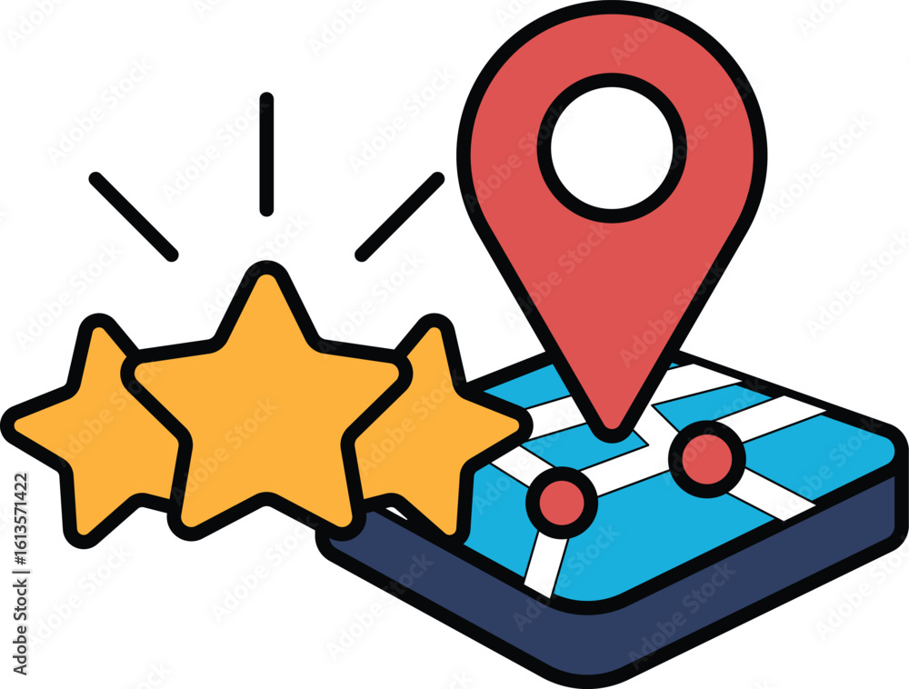 Poster a map with a red star and a red dot on it