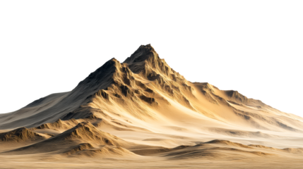 Majestic mountain peak rising above sandy dunes at sunset