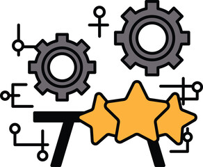 A graphic of a star with three stars and a gear with a star in the middle