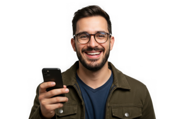 Smiling man holding a mobile phone device on transparent background