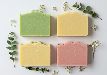 Four colorful handmade soaps surrounded by delicate greenery and white flowers