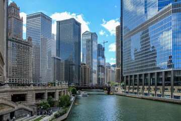 Modern skyscrapers and the waterfront in downtown Chicago, Illinois.