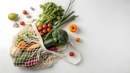 Fresh organic vegetables and fruits spilling out of a reusable mesh shopping bag