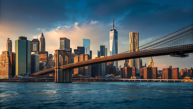 Iconic new york city skyline with brooklyn bridge at sunset