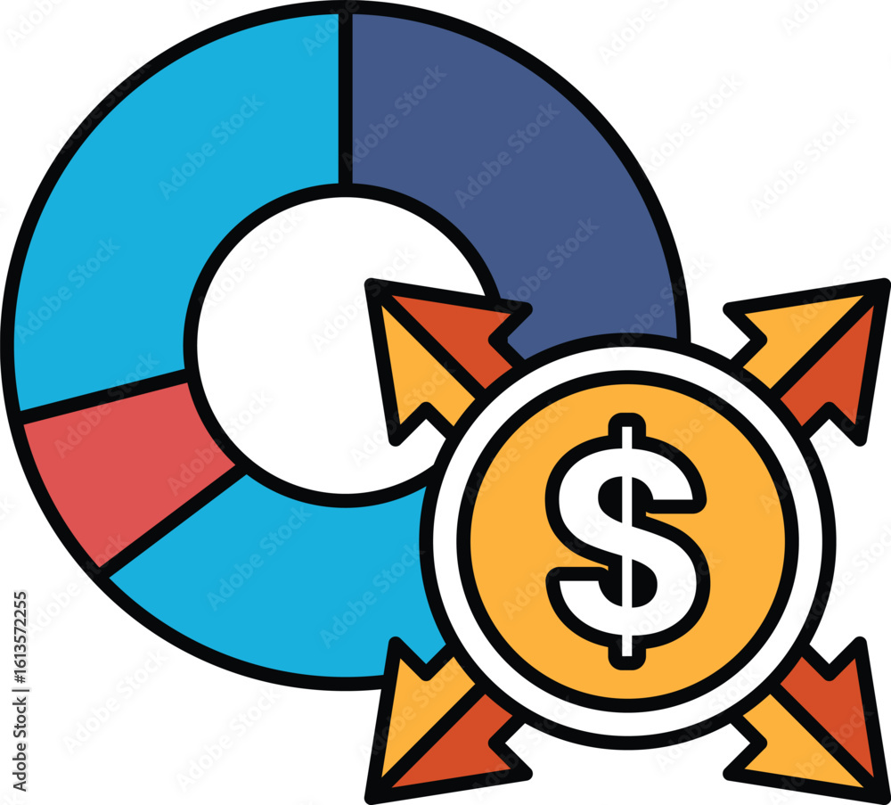 Poster a pie chart with a dollar sign and arrows pointing to it