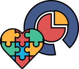 A colorful puzzle piece heart is surrounded by a pie chart