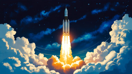 A digital illustration of nighttime rocket launch with glowing flames beneath a deep blue starry sky