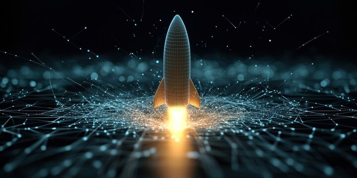 engineer aerospace simulation Concept. Rocket launching with digital effects and glowing particles in a futuristic setting. - Powered by Adobe