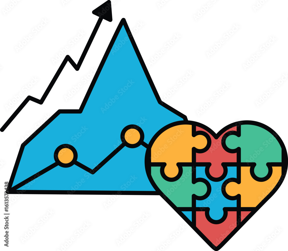 Poster a puzzle piece heart with a graph of a mountain range in the background