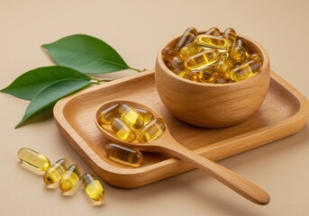 Softgel capsules of fish oil or vitamin d on a wooden tray
