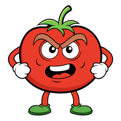 Angry Cartoon Tomato with Clenched Fists, Funny Exaggerated Expression, Isolated PNG