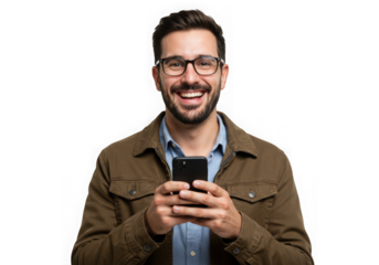 Smiling man holding a mobile telephone on transparent background