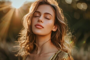 Fototapeta premium Fashion model with glitter makeup enjoying golden hour sunlight with eyes closed