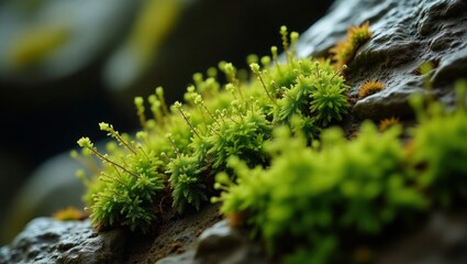 Vibrant Green Moss Growing on Dark Grey Rock stone
