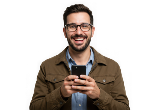 Smiling man holding a mobile telephone on transparent background - Powered by Adobe