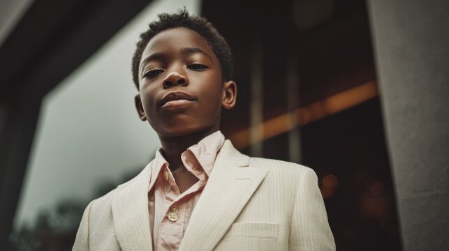 A young black boy in a sharp formal beige suit poses calmly in a modern indoor building, exuding early confidence and poised professionalism. - Powered by Adobe