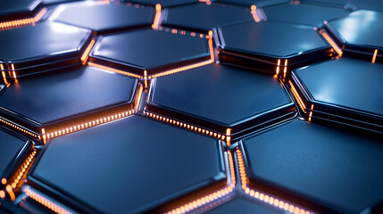 Dark hexagon panels with glowing lines.  Close-up view of a futuristic technological design