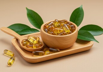 Golden fish oil capsules in wooden bowl with green leaves