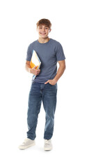 Fototapeta premium Cute teenage boy with notebooks on white background