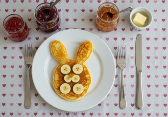 Cute bunny shaped pancake with banana and jam for breakfast