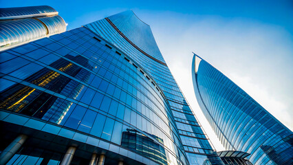 Modern glass skyscrapers reflecting blue sky and sunlight