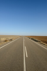 Carretera entre dos campos, uno labrado y otro silvestre, contraste de ideas