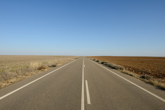 Carretera entre dos campos, uno labrado y otro silvestre, contraste de ideas