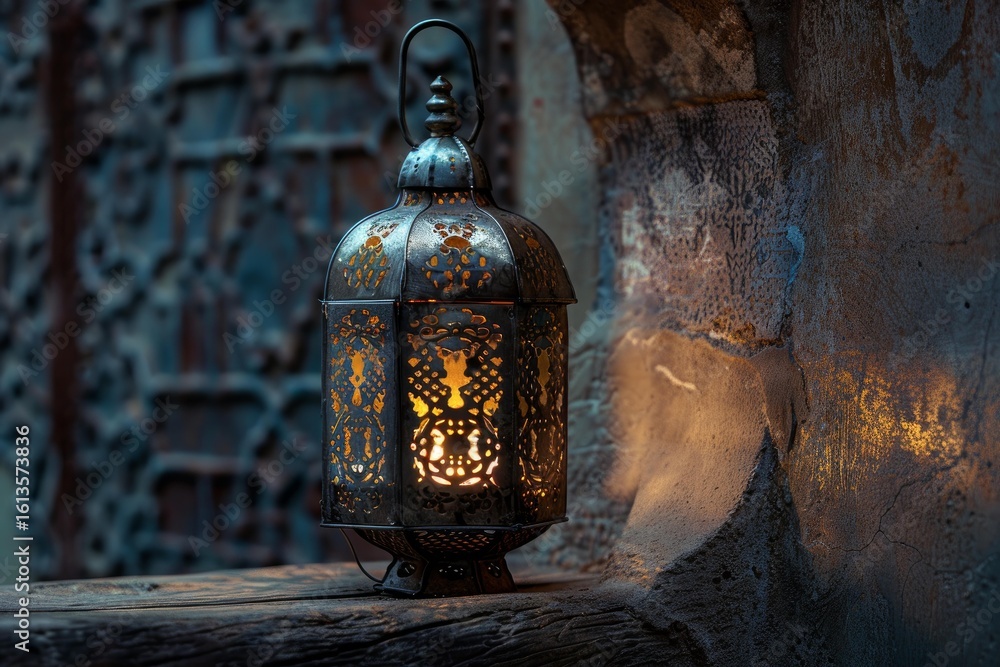 Poster intricately designed metallic lantern casts a warm glow, creating a tranquil ambiance in a rustic se