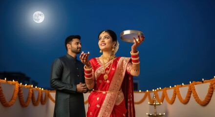 Indian Bride Performing Karwa Chauth Ritual Under the Full Moon with Husband