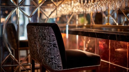 Elegant black bar stool in a luxurious setting with mirrored wall and glassware above, creating a sophisticated ambiance.