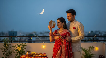Romantic Couple Celebrating Karwa Chauth Festival at Sunset on Rooftop