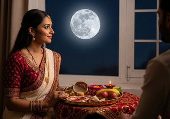 Indian Woman in Traditional Sari Celebrates Karwa Chauth Festival at Night with Full Moon