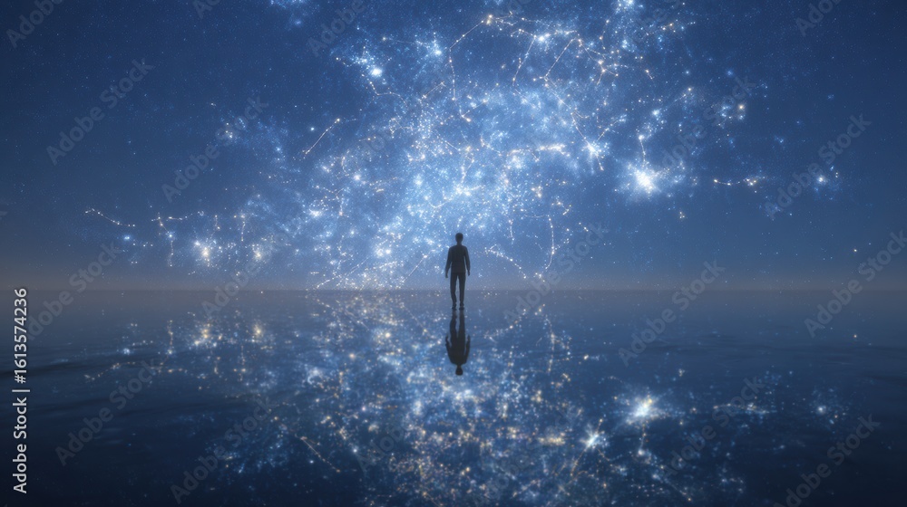 Aufkleber human reflection transforms into a constellation map while standing against a clean sky backdrop at 