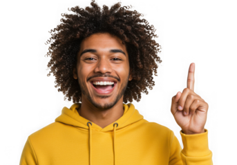 Man pointing upward with joyful expression on transparent background