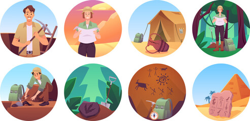 Archeology excavation in desert near ancient Egypt civilization, tent and equipment, historic old artifacts vector set