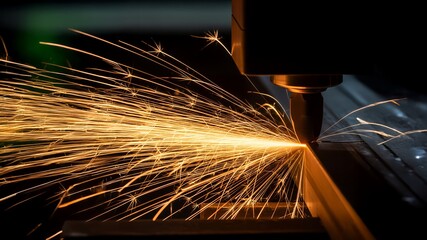 Precision Metal Fabrication Sparks Fly During Industrial Cutting Process Demonstrating High Tech Manufacturing Techniques