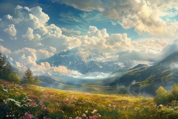 Wildflowers blooming in a vibrant meadow at the foot of a majestic snow capped mountain range under a dramatic cloudy sky