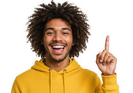 Man pointing upward with joyful expression on transparent background