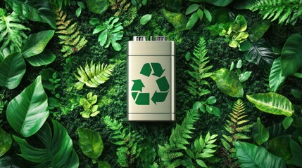 Eco-friendly battery with recycling symbol on lush green foliage background.