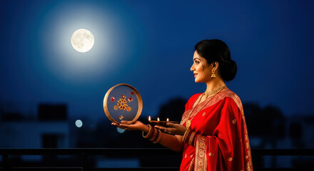 Beautiful Woman in Red Sari Celebrating Karwa Chauth under the Full Moon