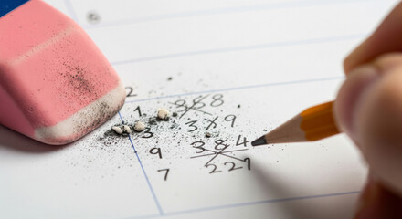 Correcting math problems with pencil and eraser - academic struggle and learning concept