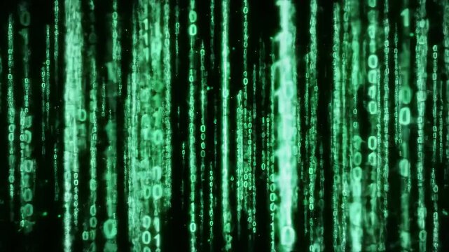 Abstract futuristic background of green binary code falling down in a data stream. Sci-fi matrix-style animation of hacking and digital information.