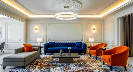Elegant living room with plush blue sofa and vibrant orange armchairs