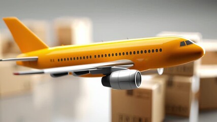A small yellow cargo plane hovers over a cardboard shipping box among many parcels. Concept of global air freight and logistics.